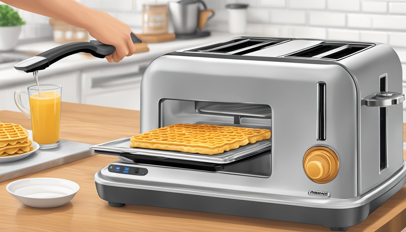 Two eggo homestyle waffles being placed into a toaster, with the toaster lever being pushed down to start the reheating process