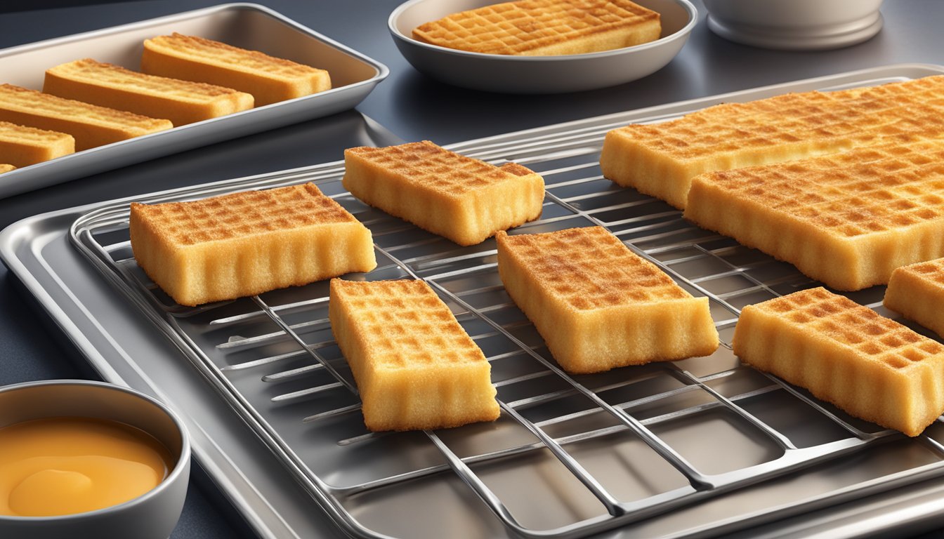 Eggo French toast sticks arranged on a baking sheet, oven preheating in the background