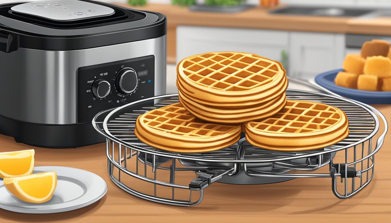 Eggo waffles placed in an air fryer basket, with the air fryer set to the appropriate temperature and time for reheating