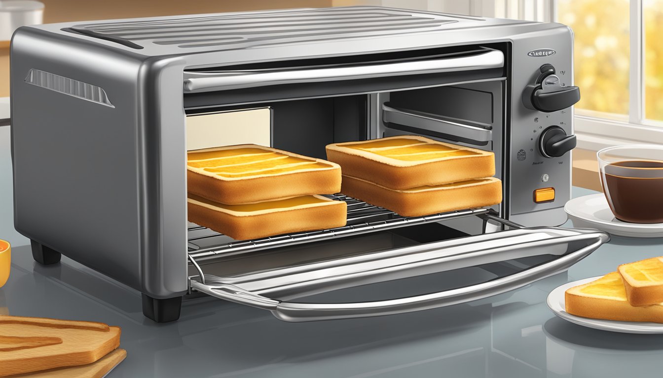 A toaster oven with Eggo French toast sticks inside, a plate, and a fork next to it