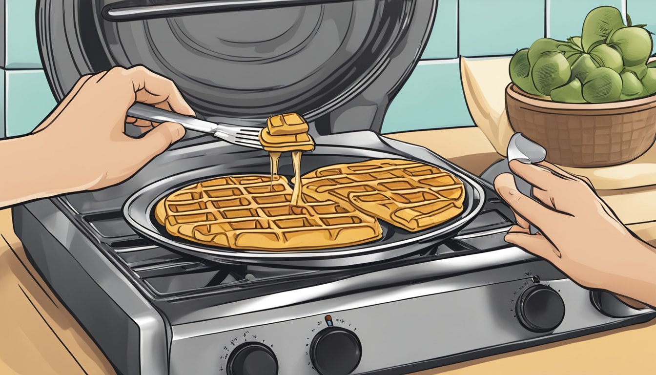 A hand placing Eggo Homestyle waffles on a stovetop griddle