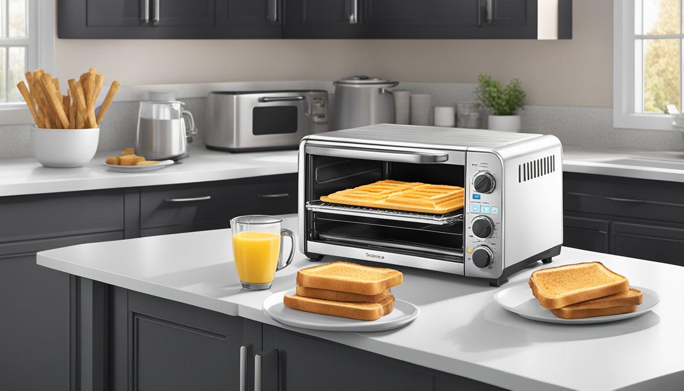 A toaster oven with Eggo French toast sticks inside, timer set, and a clean kitchen counter nearby