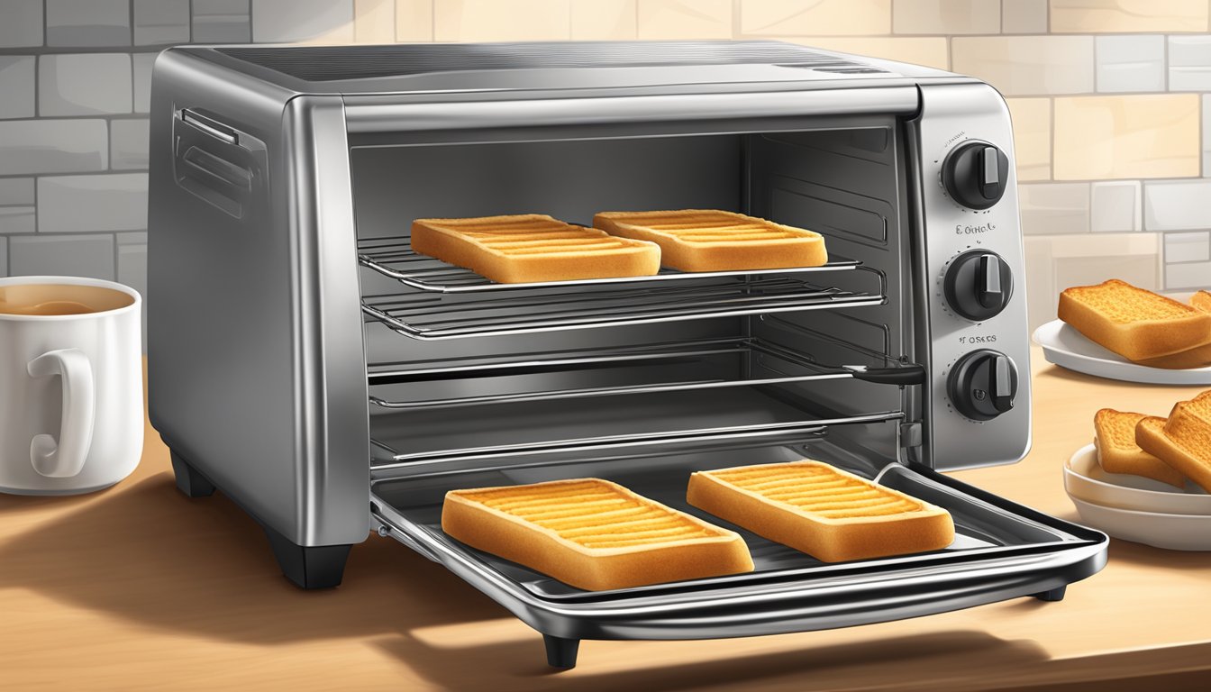 A toaster oven with Eggo French toast sticks inside, emitting heat and steam