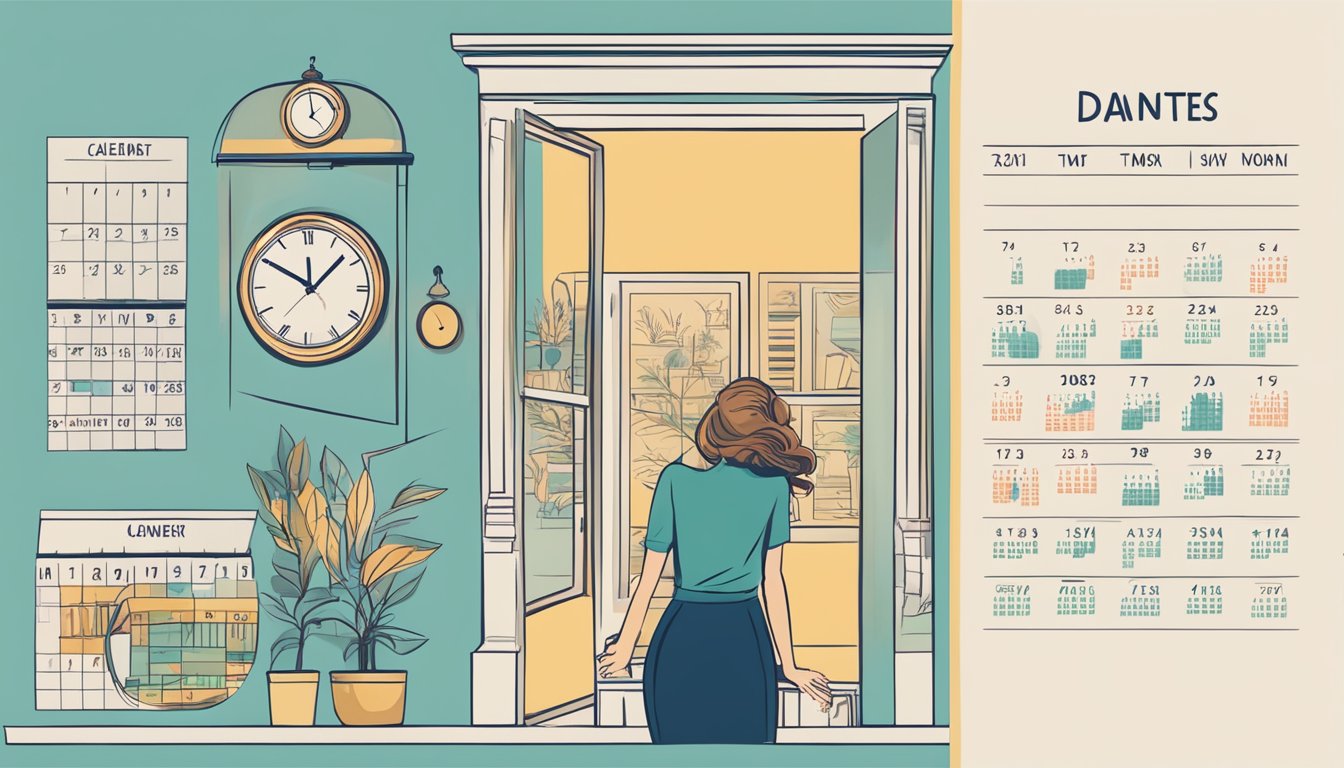 A calendar with highlighted dates, a clock showing different times, and a woman's silhouette with a worried expression