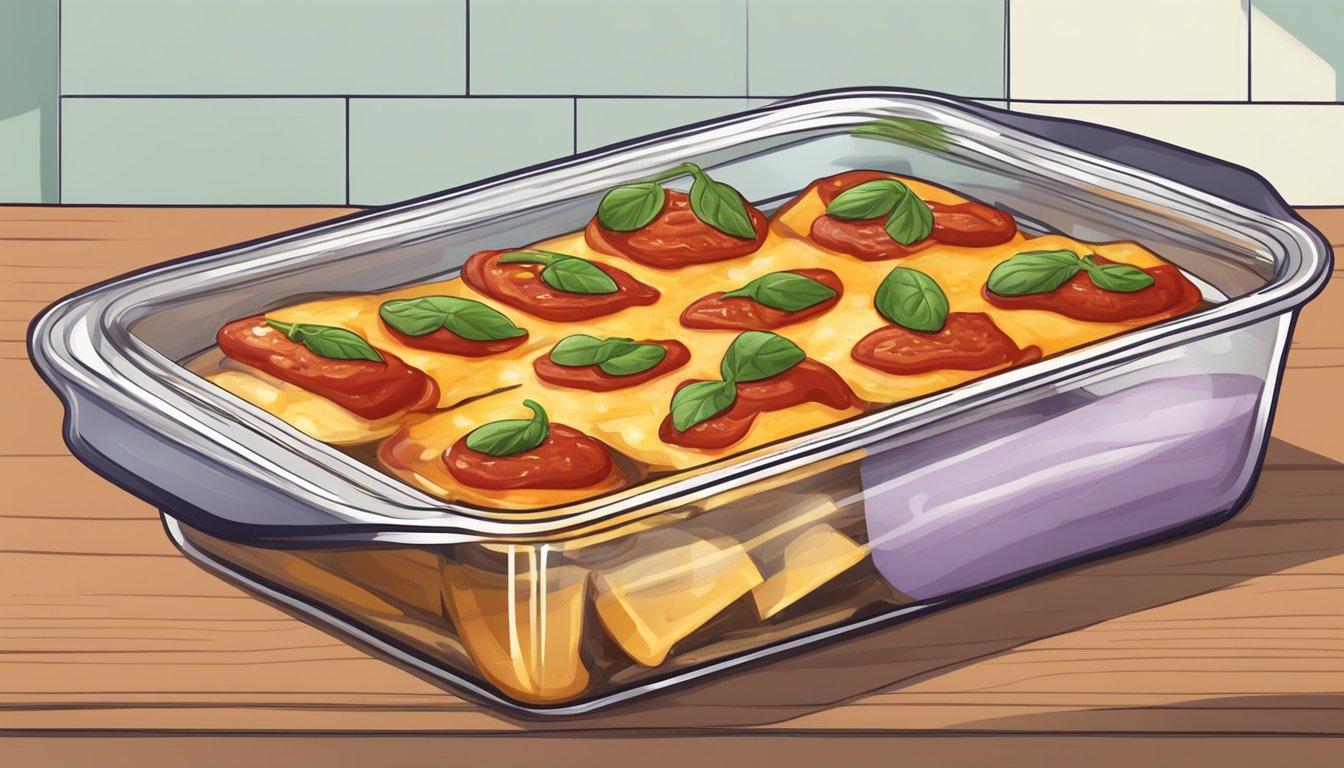 Eggplant slices layered with marinara and cheese in a baking dish, covered with foil, placed in the oven