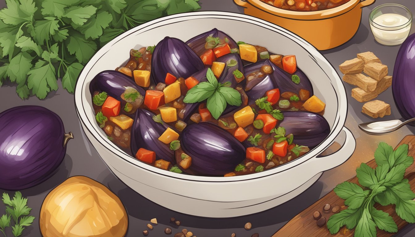 A steaming bowl of reheated eggplant caponata, surrounded by fresh herbs and spices, emitting a tantalizing aroma