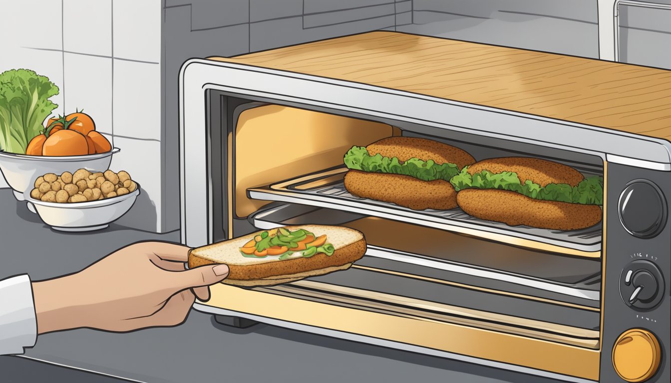 A hand reaching into a toaster oven, pulling out a golden-brown falafel pita sandwich. Steam rises as it's placed on a plate next to a side of fresh vegetables