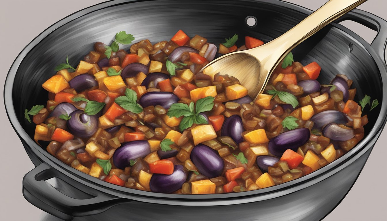 A bowl of eggplant caponata being gently reheated in a skillet, releasing its savory aroma as the ingredients meld together for perfect flavor and texture