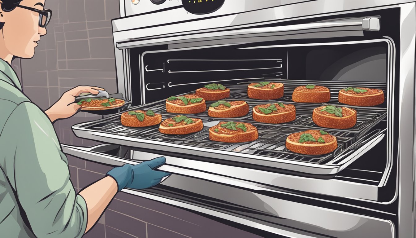 A person placing a tray of eggplant parmesan into an oven, setting the temperature, and setting a timer for reheating