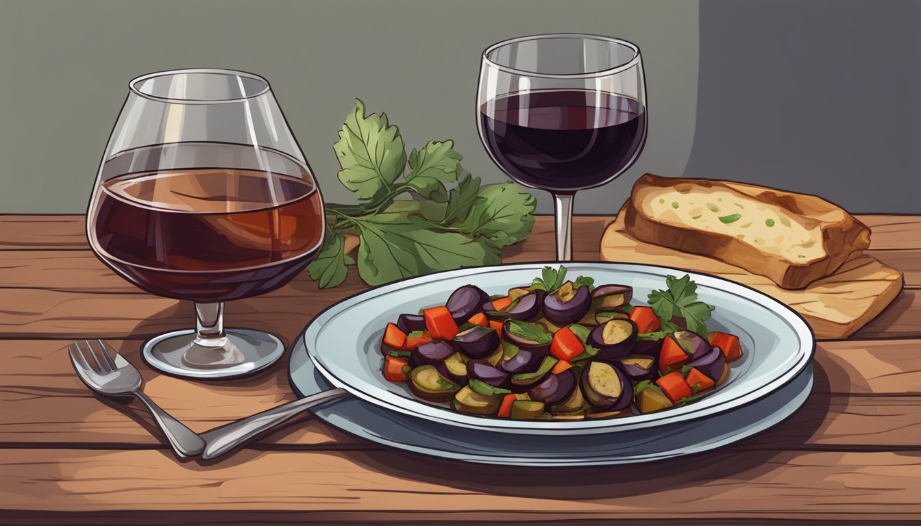 A plate of reheated eggplant caponata alongside a glass of red wine on a rustic wooden table