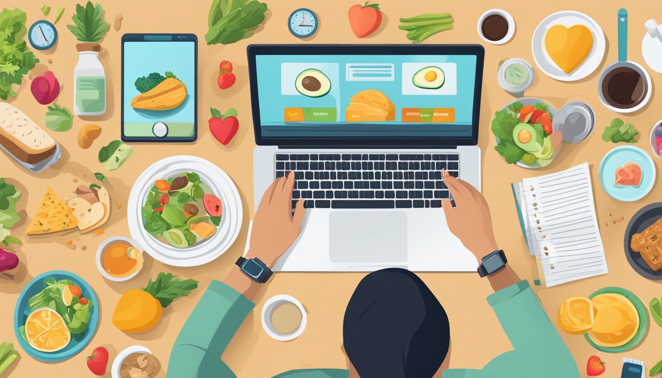 A person researching intermittent fasting, surrounded by various food items and a heart rate monitor