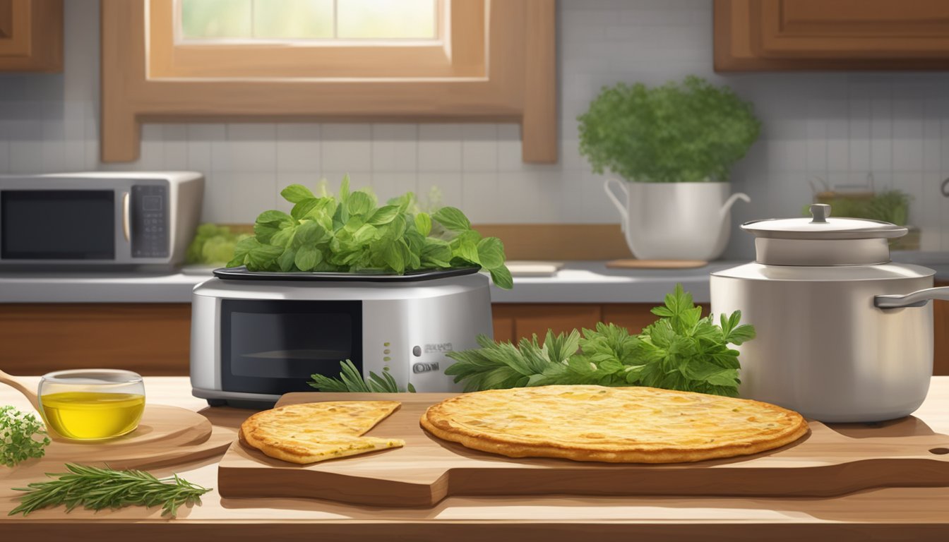 A golden farinata sits on a rustic wooden cutting board, surrounded by fresh herbs and a drizzle of olive oil. A microwave sits in the background, ready to reheat the savory chickpea pancake