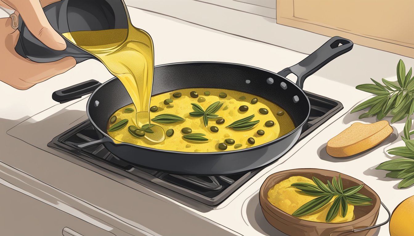 A hand pouring olive oil over a golden farinata on a baking sheet, with a stove and pot in the background