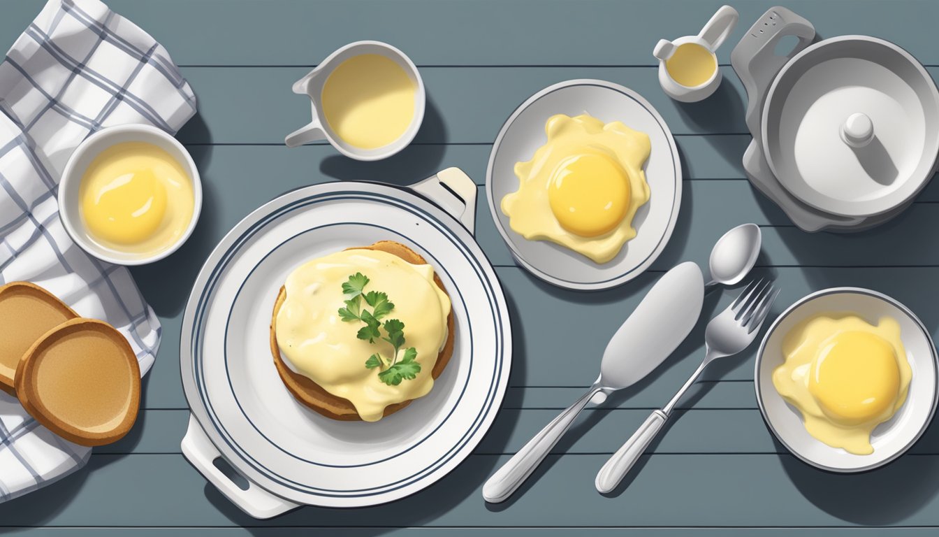 A small pot on a stovetop, with a spoon stirring hollandaise sauce over low heat, while a plate of eggs benedict sits nearby