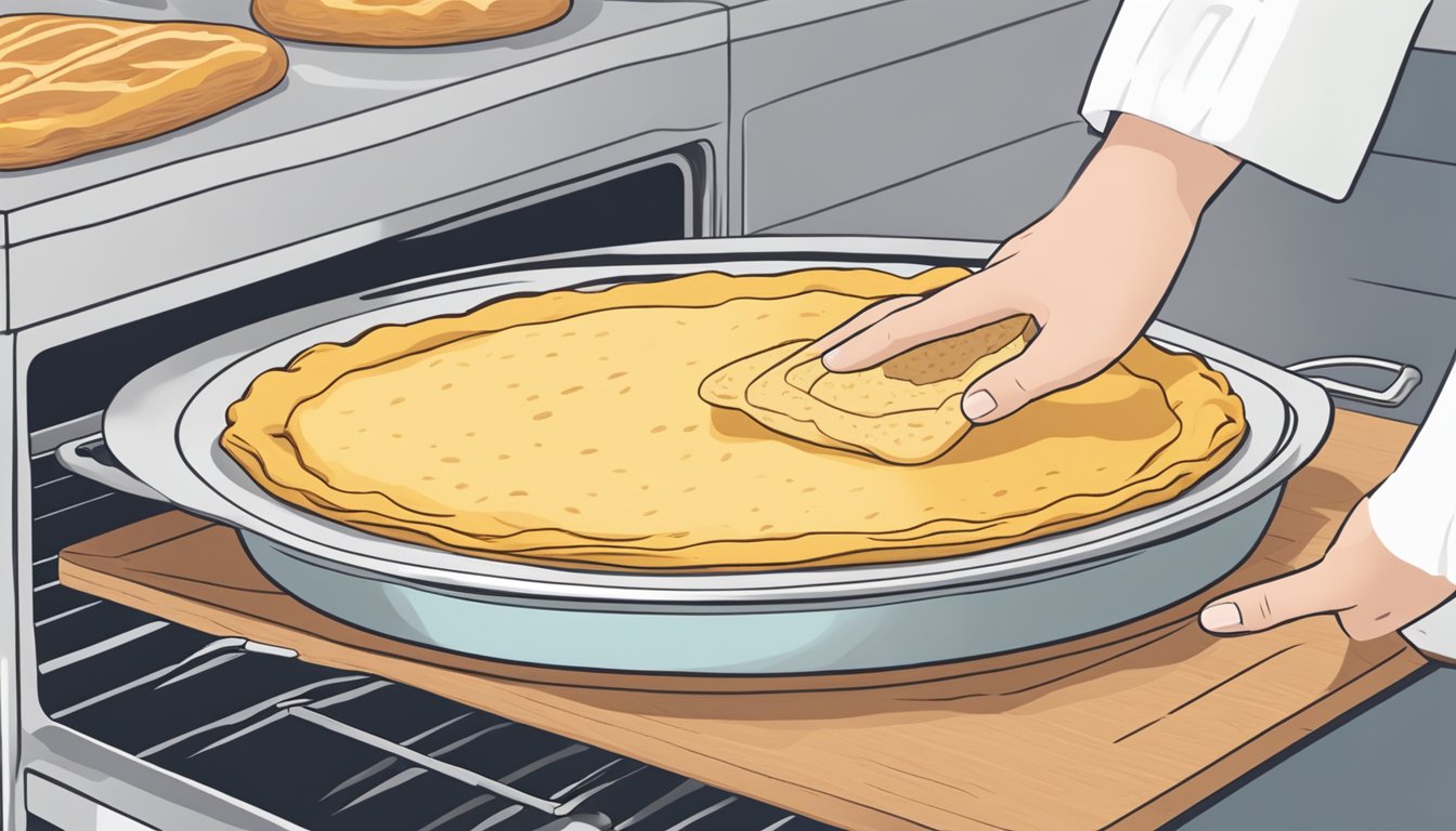 A hand placing farinata on a baking tray in front of an open oven. A timer is set and a kitchen towel is nearby