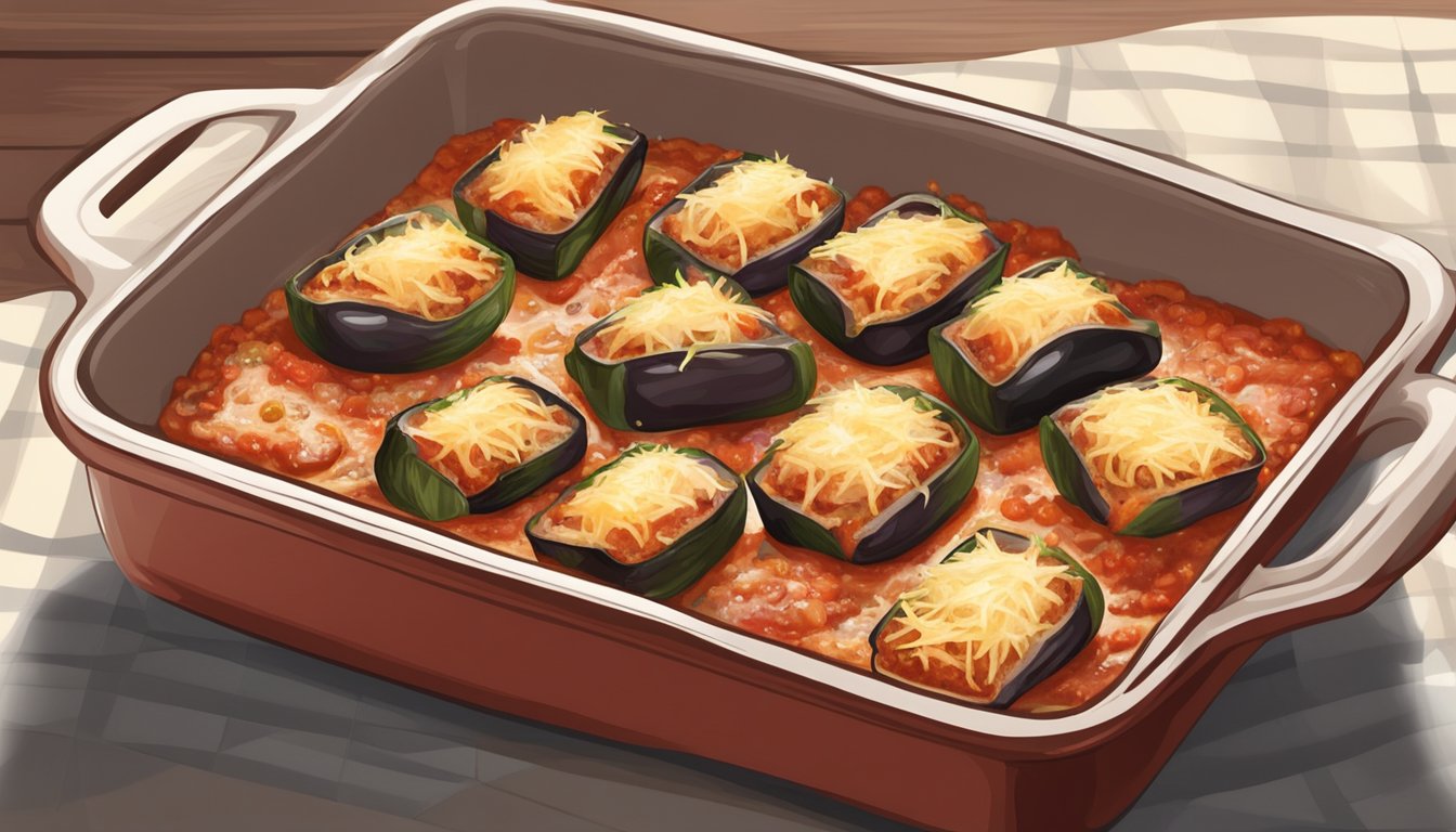 Eggplant rollatini in a baking dish, covered in marinara sauce, sprinkled with cheese, and placed in the oven