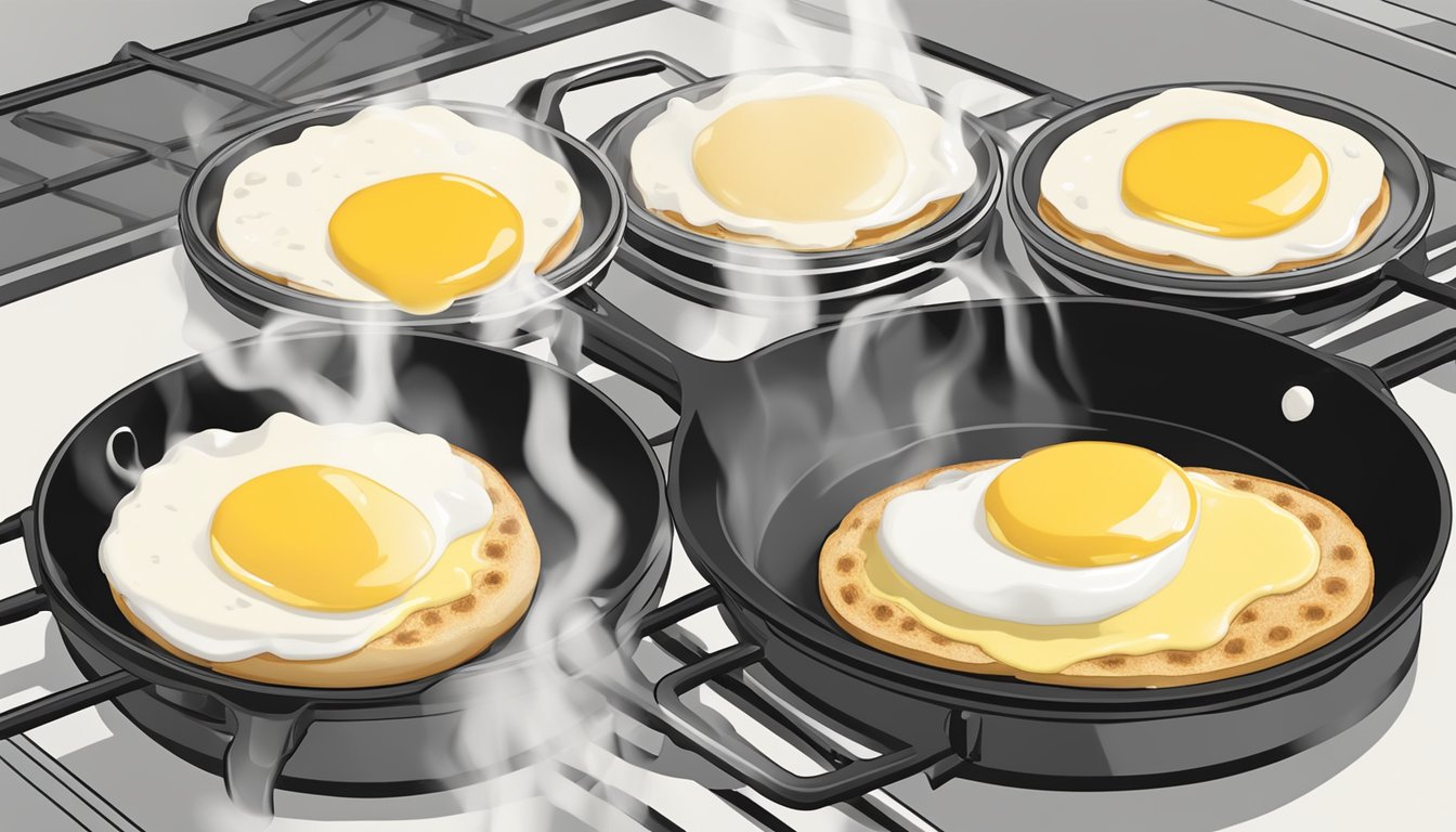 English muffins toasting on a skillet, while poached eggs and hollandaise sauce are being heated in separate pots