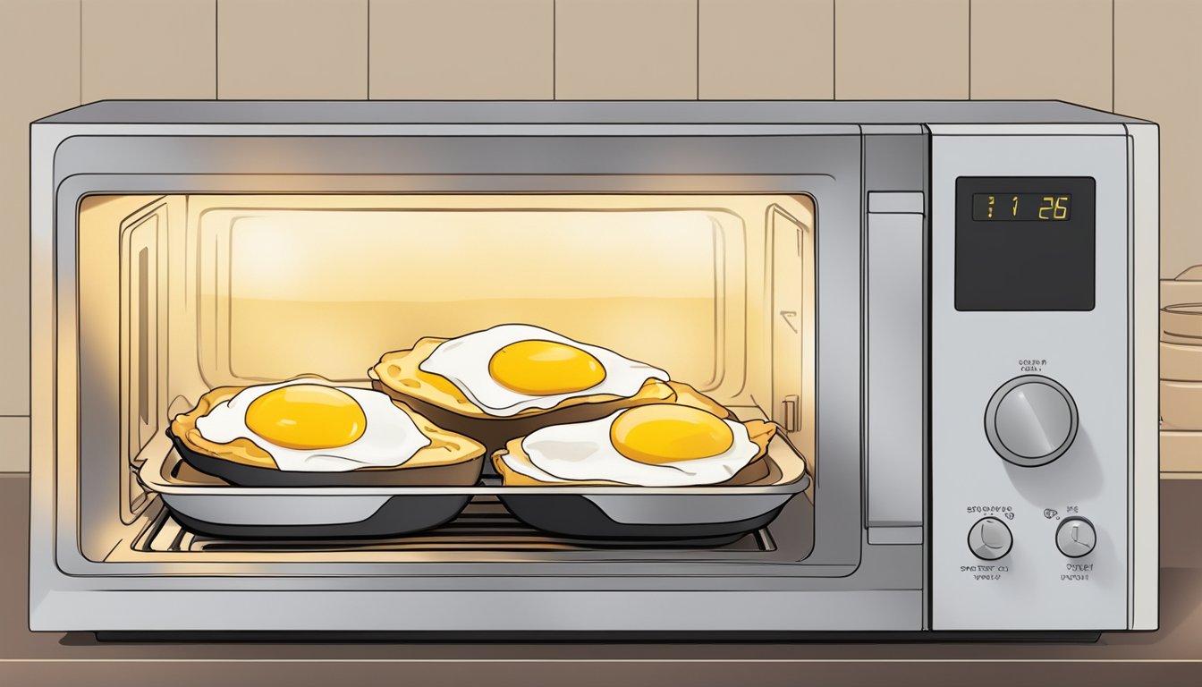 A plate of Eggs Benedict being reheated in the microwave