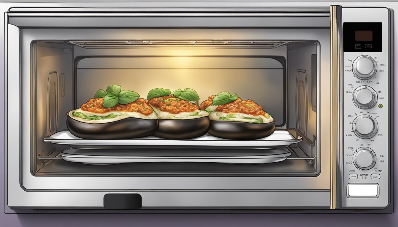 A plate of eggplant rollatini spins inside a humming microwave