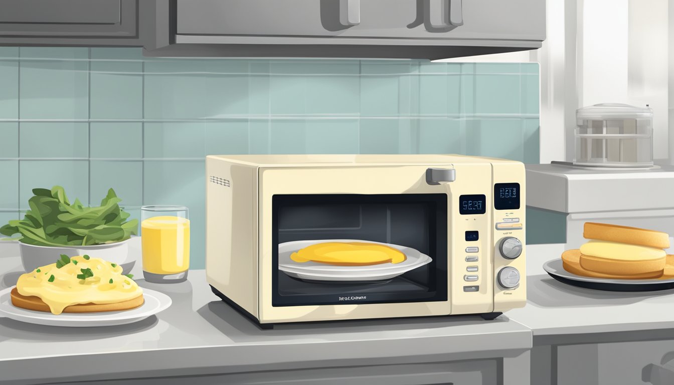 A microwave with a plate of eggs benedict inside, a toaster with English muffins, and a small pot of hollandaise sauce on a stovetop