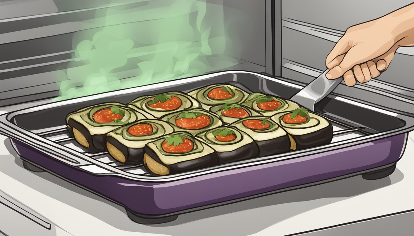 A plate of eggplant rollatini being reheated in the oven