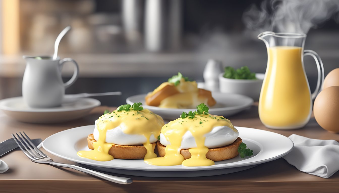 A plate of reheated eggs Benedict sits on a table, steam rising from the perfectly poached eggs and rich hollandaise sauce