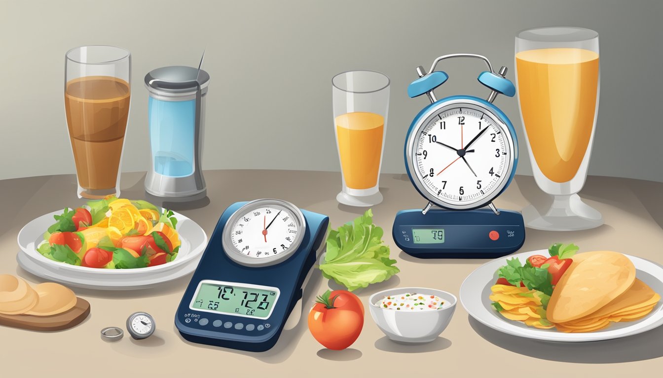 A clock showing different time intervals, a plate of food, and a blood pressure monitor on a table