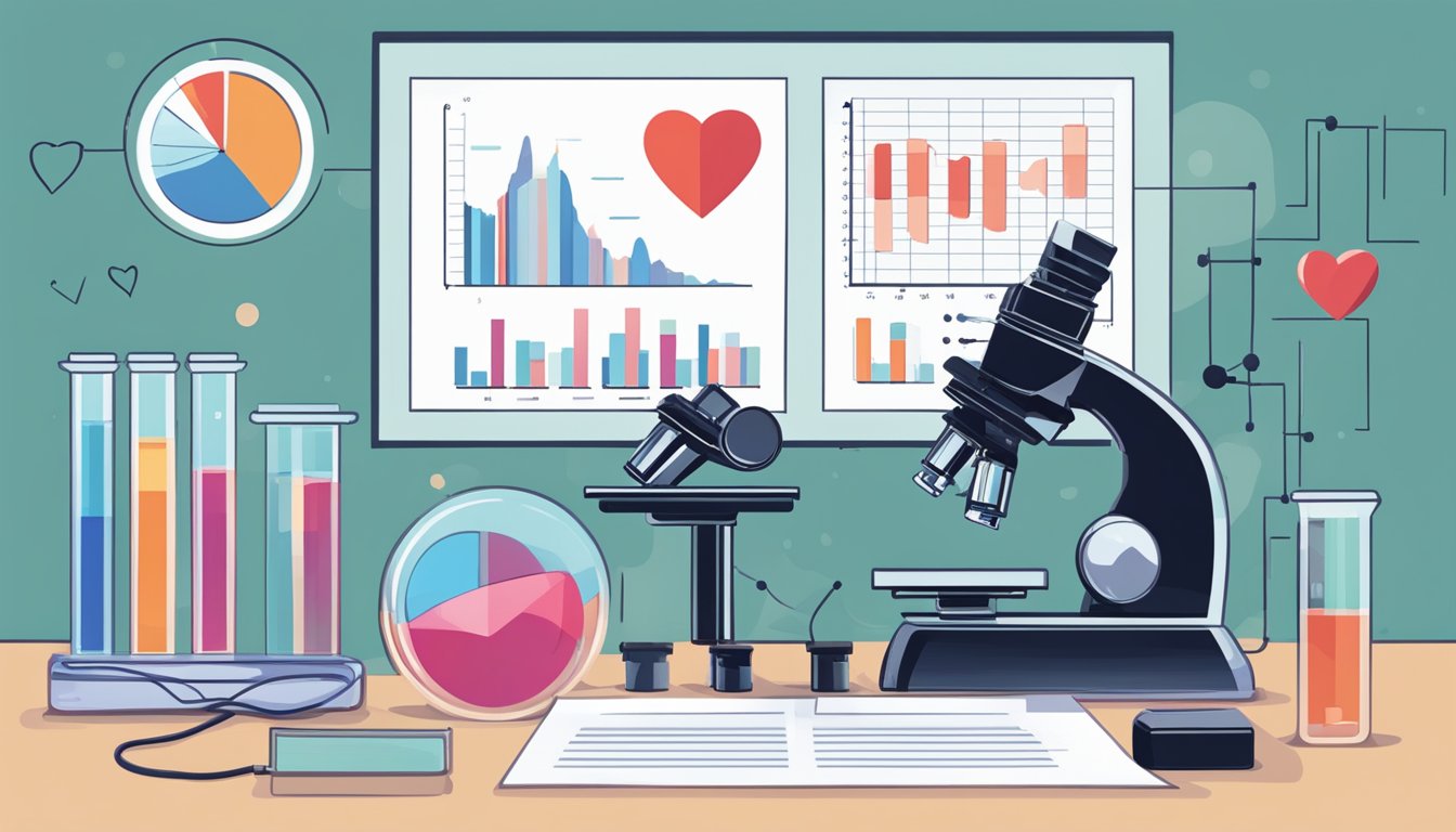 A lab setting with test tubes, a microscope, and a chart showing heart rate fluctuations