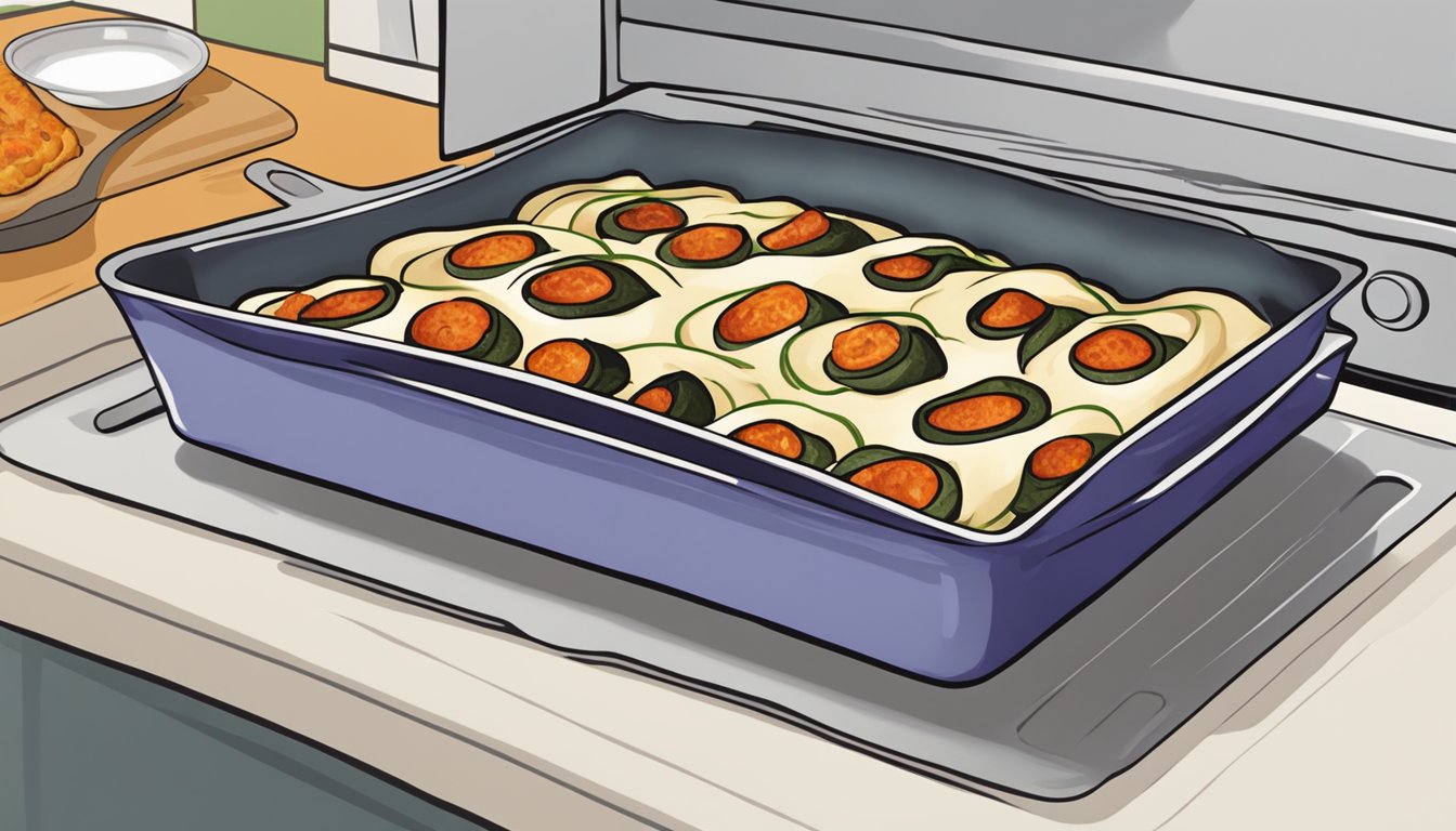 A baking dish of eggplant rollatini being placed in the oven