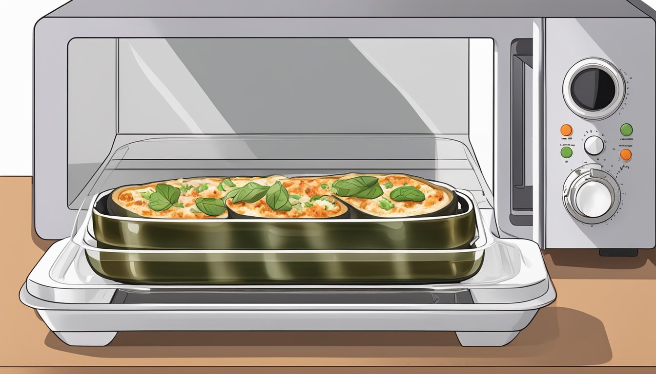 Eggplant rollatini being reheated in a microwave-safe dish with a cover, surrounded by a few small holes to allow steam to escape