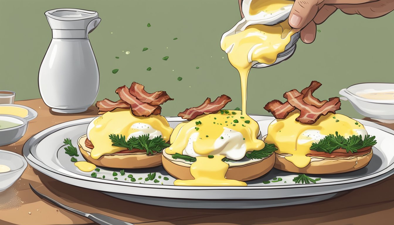 A plate of reheated eggs benedict is being carefully arranged with a drizzle of hollandaise sauce, a sprinkle of chives, and a side of crispy bacon