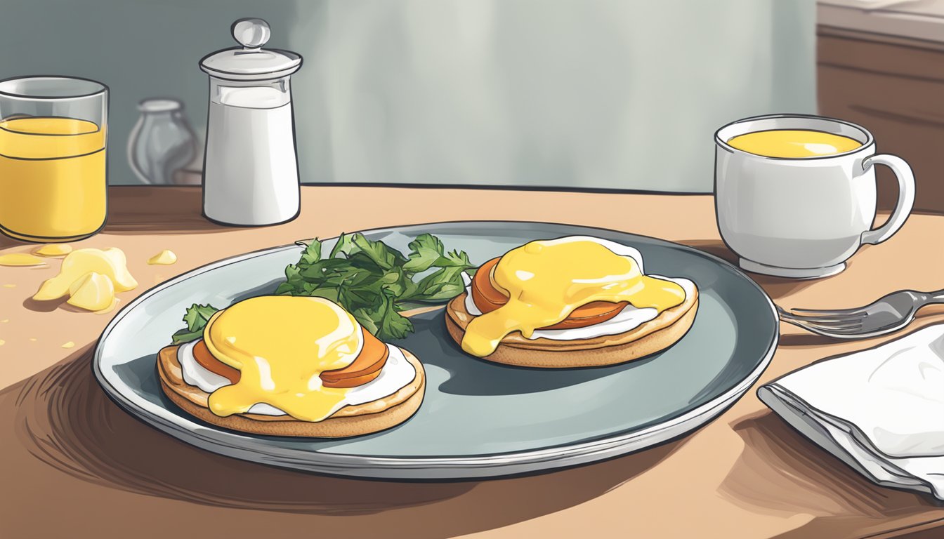 A plate of Eggs Benedict sits on a table, with a side of hollandaise sauce and a sprinkle of paprika, ready to be reheated