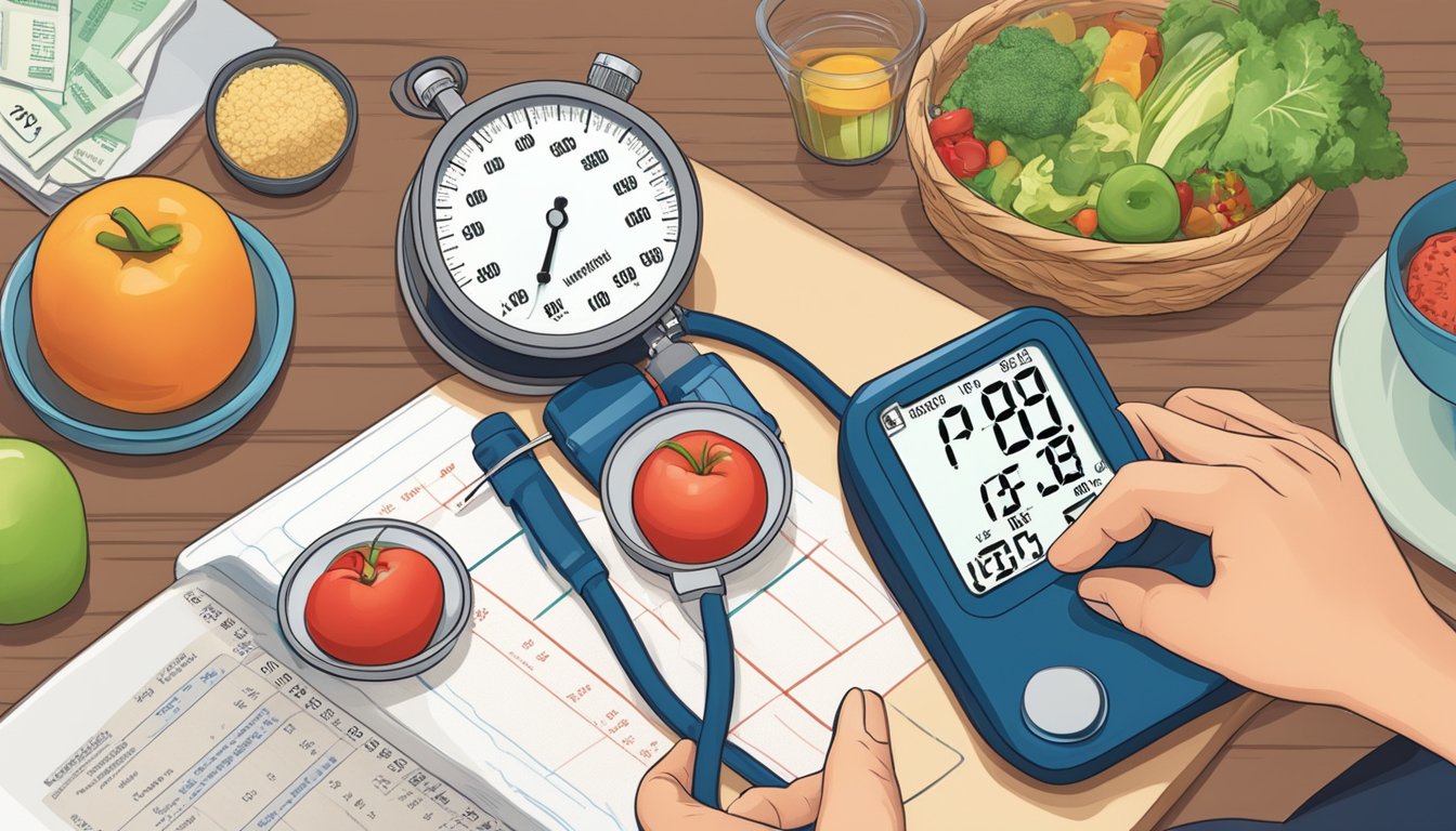 A person measuring blood pressure while looking at a chart of nutritional guidelines during intermittent fasting