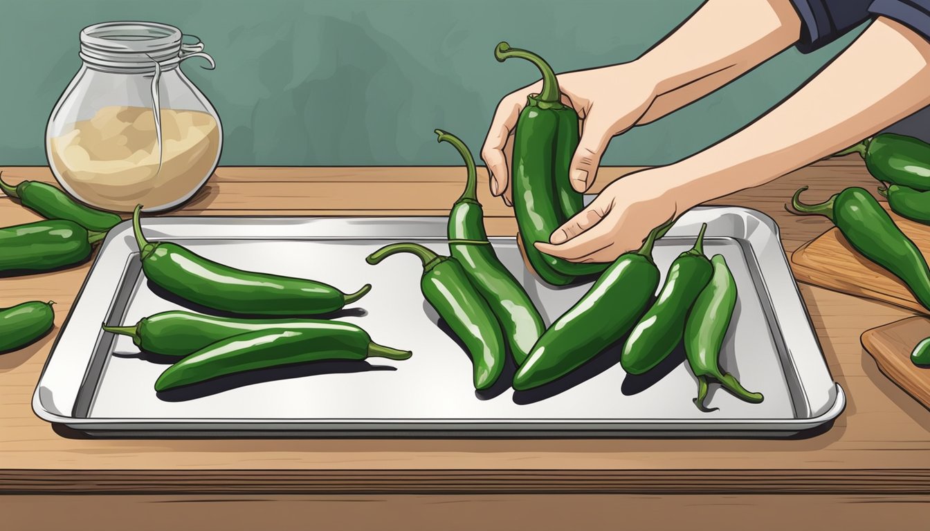 A person placing farm rich jalapeño peppers on a baking sheet in preparation for reheating in the oven