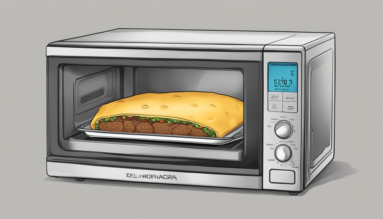 A microwave with a steaming plate of El Monterey beef and cheese chimichangas inside, ready to be reheated