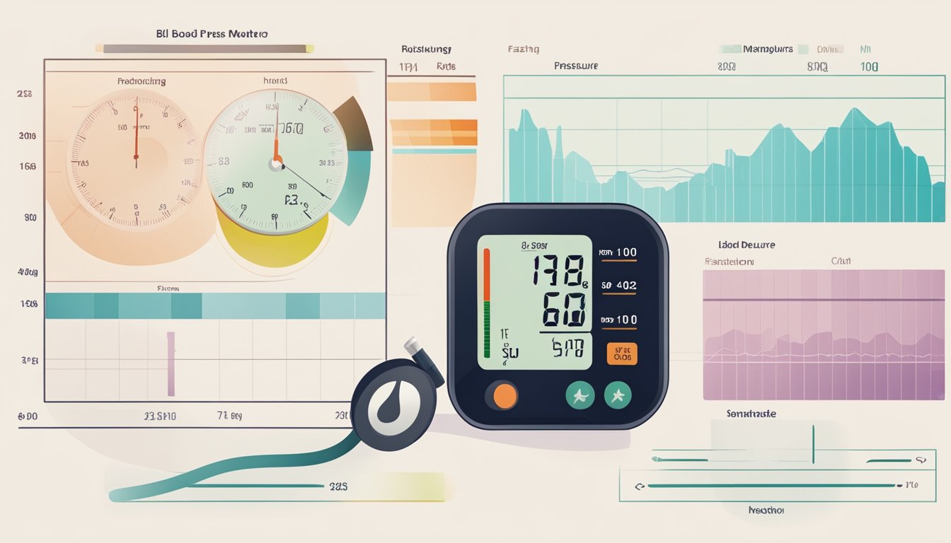 A person's blood pressure monitor, intermittent fasting schedule, and a chart showing blood pressure readings over time