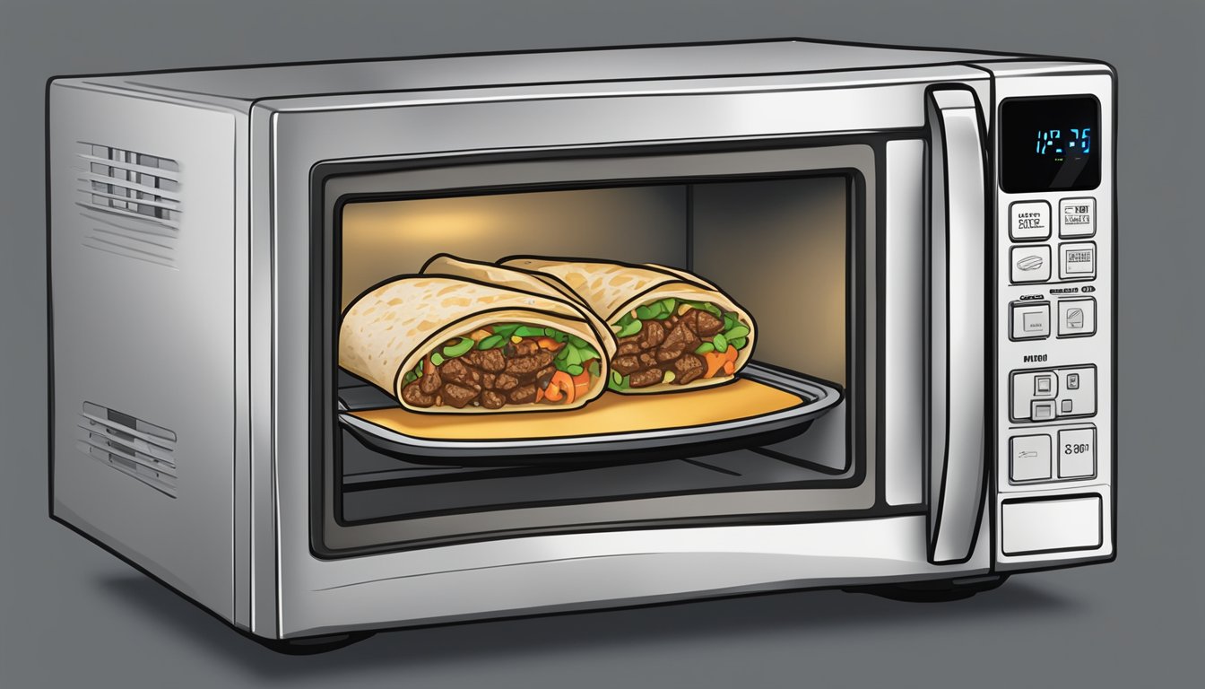 A microwave with a plate of El Monterey beef bean burritos inside, rotating as they reheat