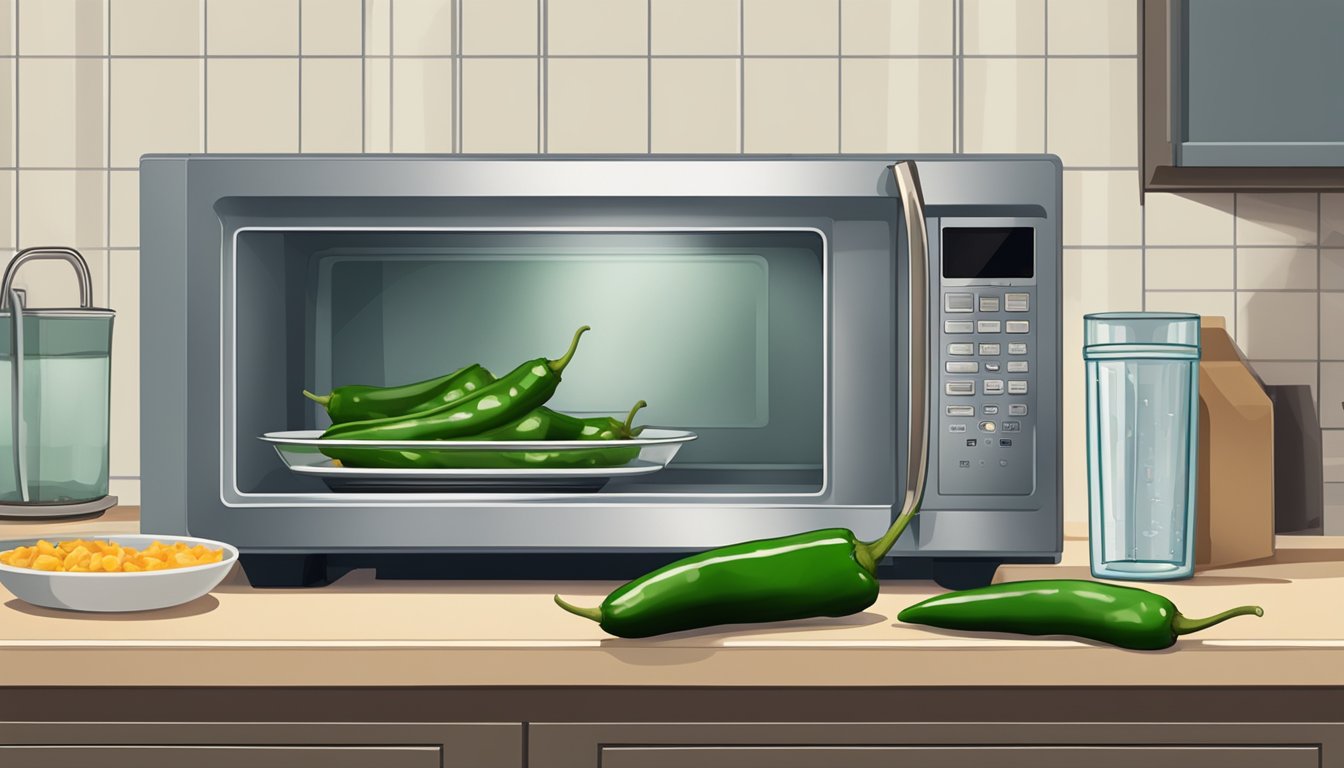 A microwave next to a plate of farm rich jalapeño peppers, with a fork and a glass of water on the counter