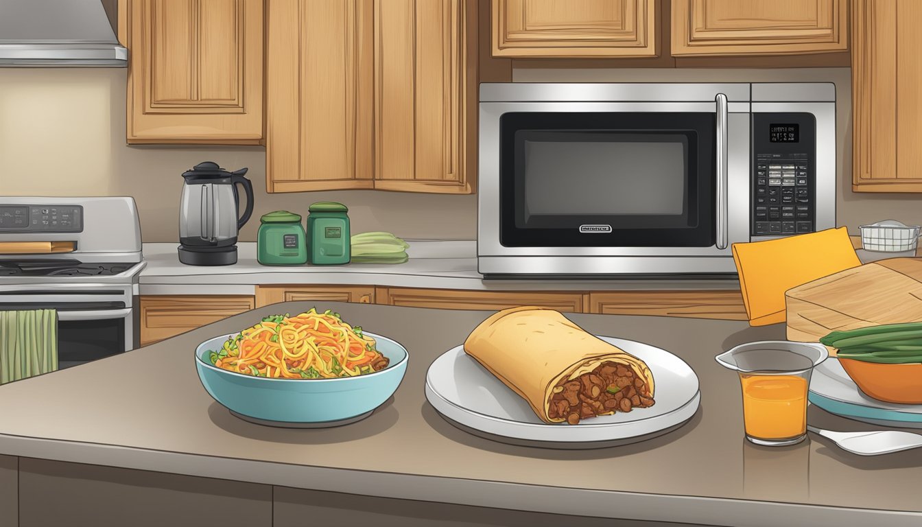 A kitchen counter with a microwave, a plate of El Monterey beef and cheese chimichangas, and a set of instructions for proper reheating and storage techniques