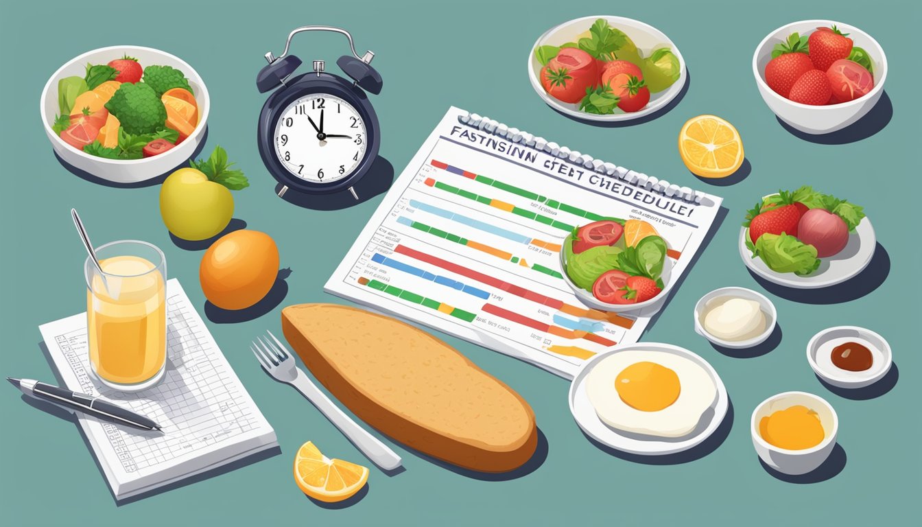 A table with various food items, a clock showing intermittent fasting schedule, and a blood cholesterol test report