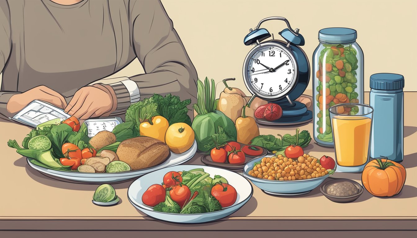 A person sitting at a table with a variety of healthy food options, a clock showing different times, and a blood pressure monitor nearby