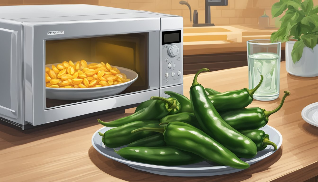 Farm Rich jalapeño peppers arranged on a microwave-safe plate with a cover, alongside a glass of water and a microwave oven in the background