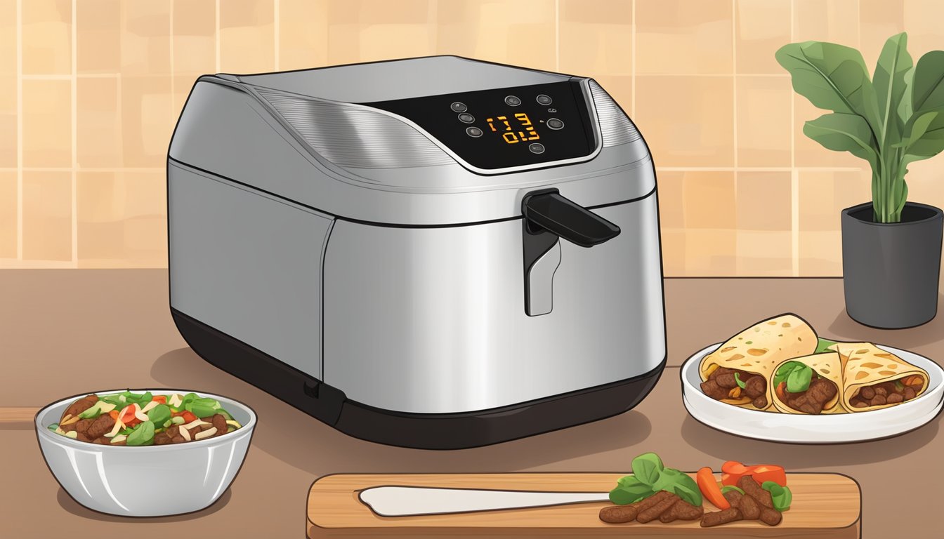 A beef bean burrito being placed into an air fryer, with the timer set and the machine emitting a warm glow