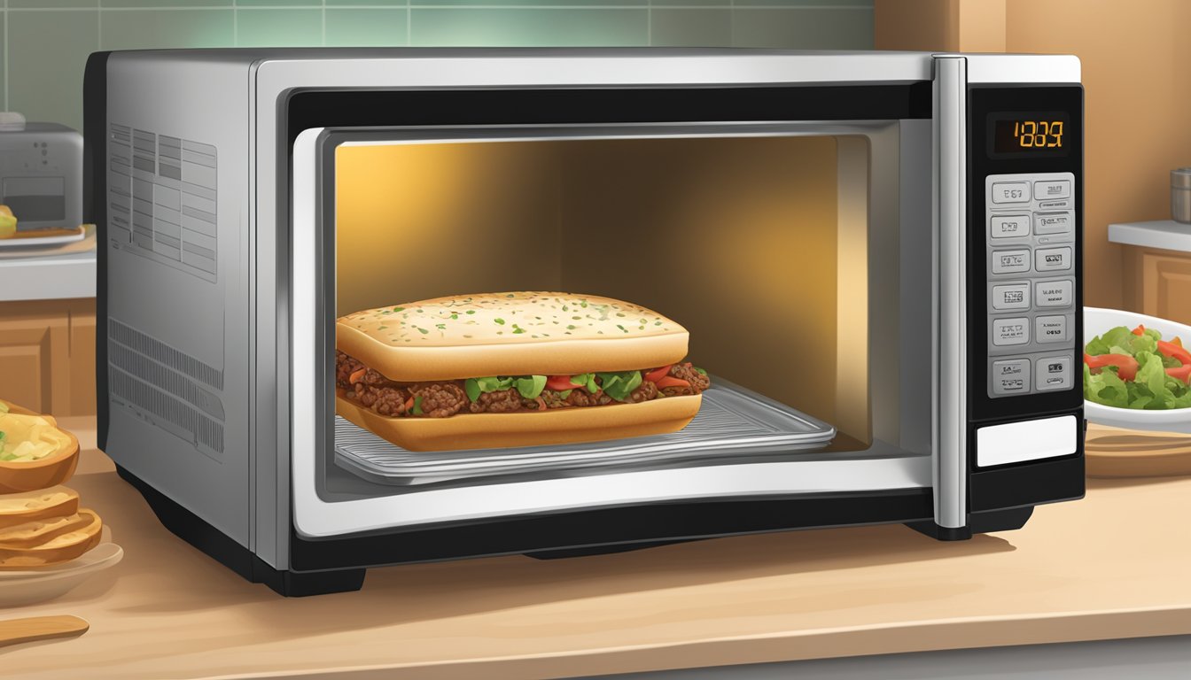 A microwave with an open door, a plate with el monterey beef cheese chimichangas inside, and the digital display showing the time set for reheating