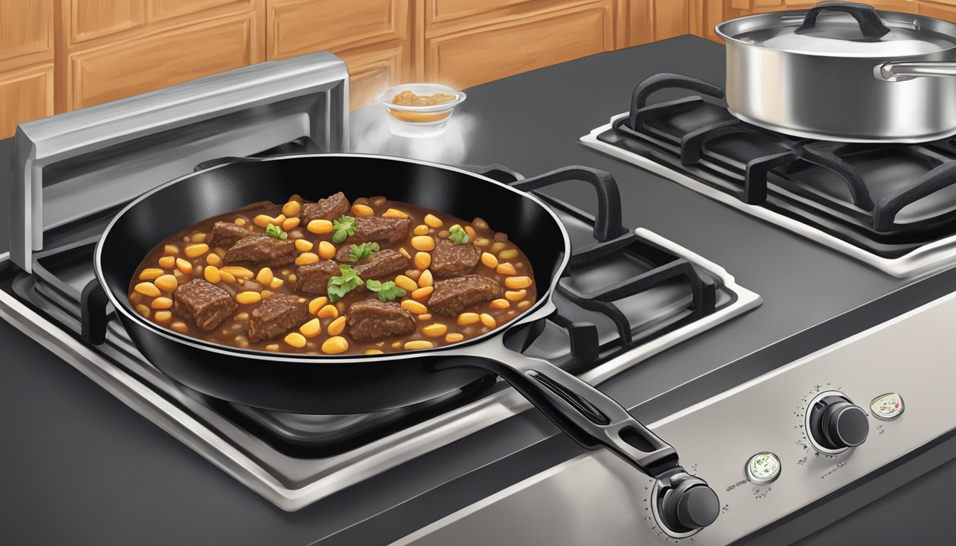 A skillet sits on a stovetop, with two El Monterey beef and bean burritos sizzling and browning as they reheat