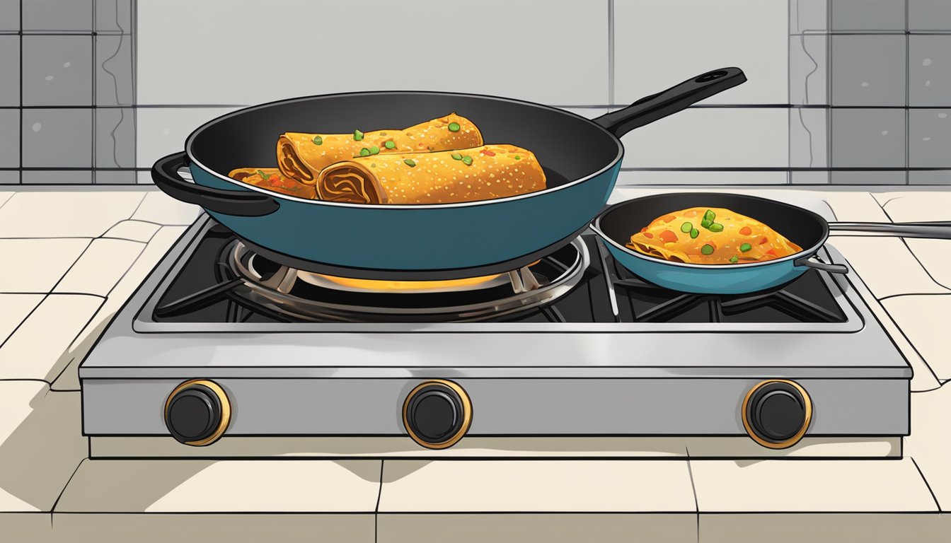 A skillet sizzling on a stove, with two golden chimichangas cooking inside, emitting steam