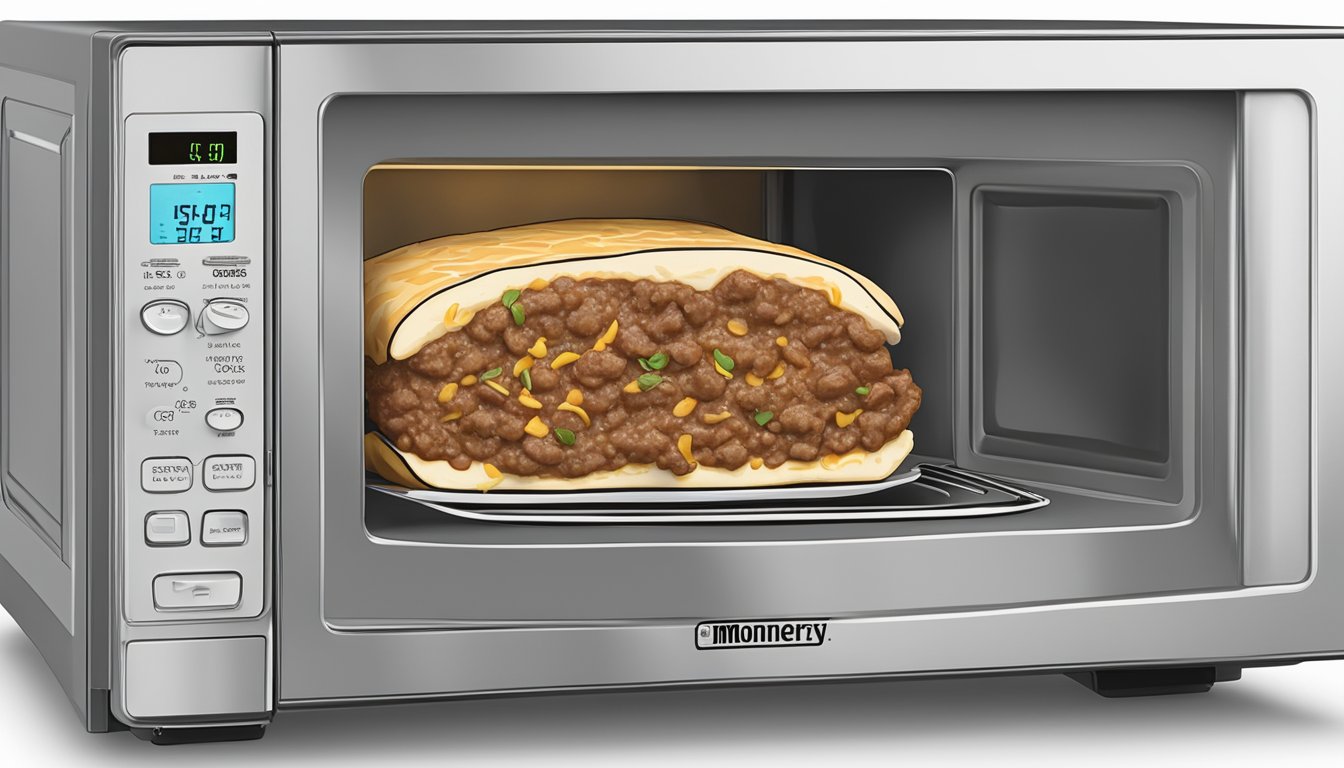 A microwave with a plate of El Monterey beef cheese chimichangas inside, with the microwave door closed and the timer set