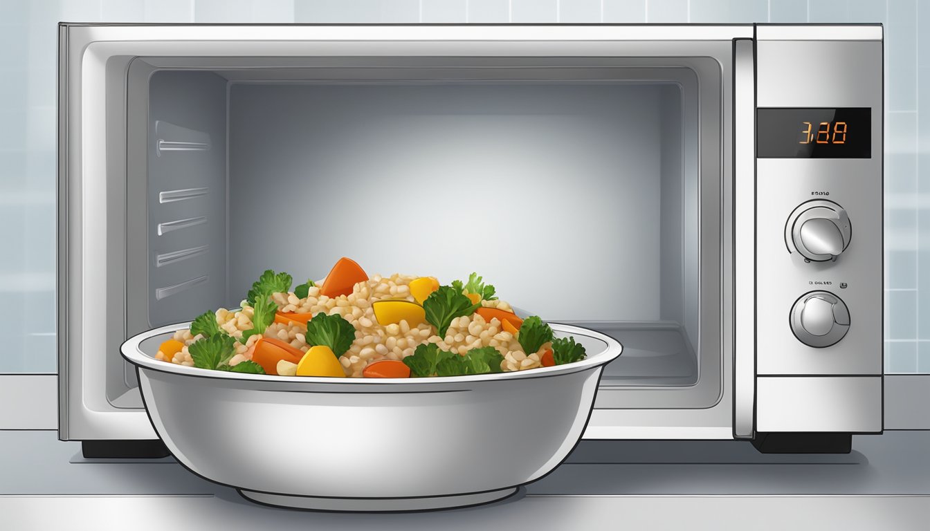 A bowl of farro salad with roasted vegetables being gently reheated in a microwave, steam rising from the dish