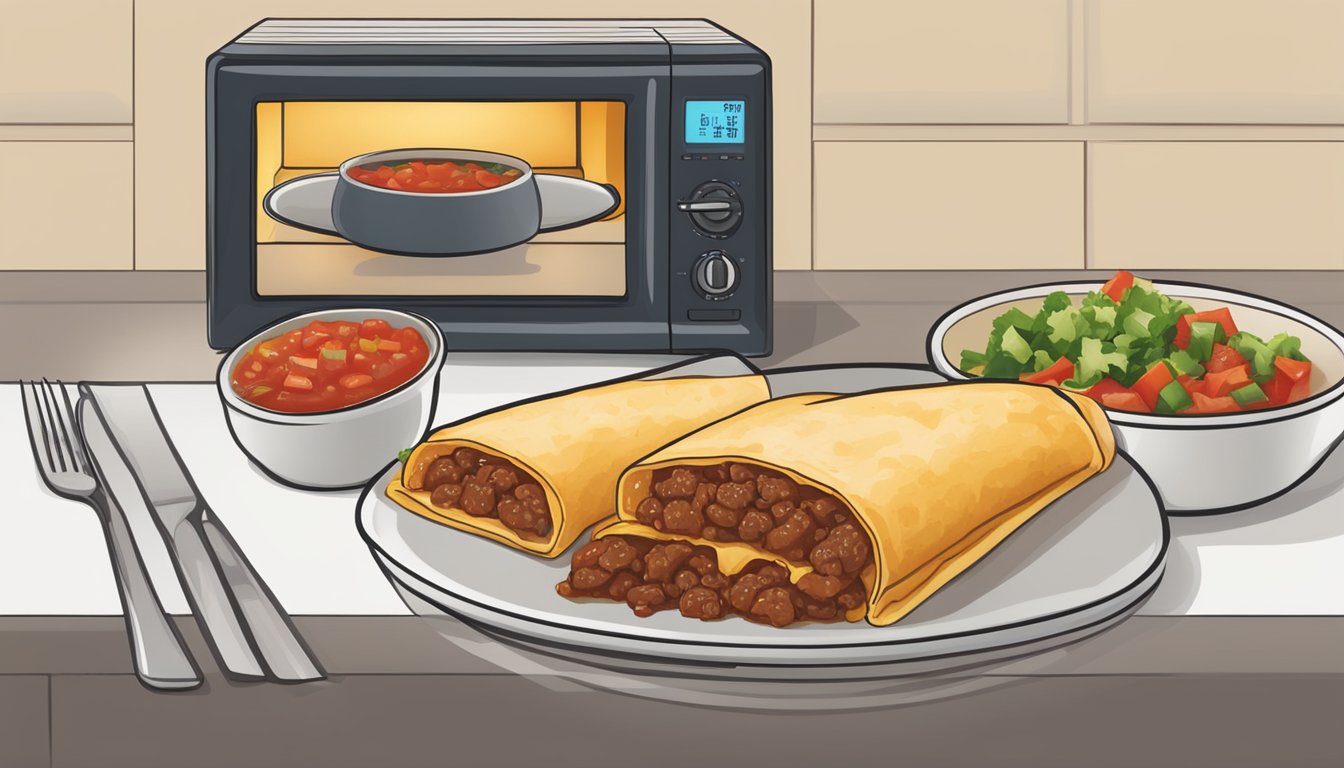 A microwave with a plate of El Monterey beef cheese chimichangas and a bowl of salsa on the side