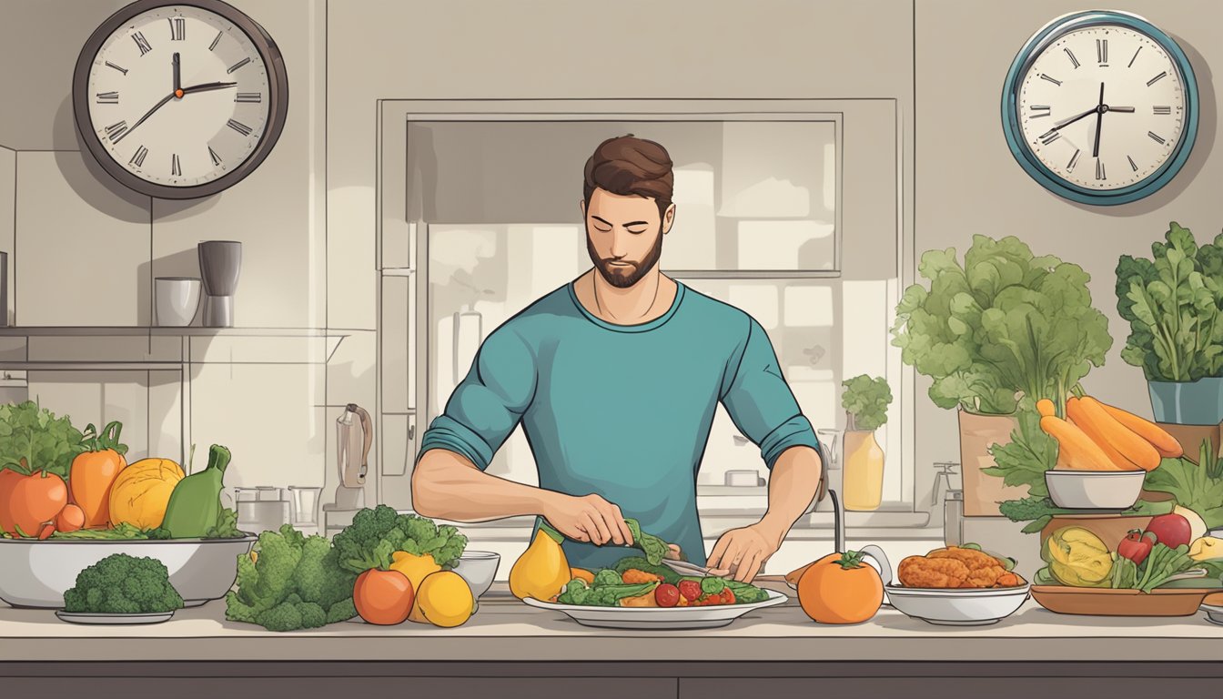 A person preparing a balanced meal while a clock shows intermittent fasting hours